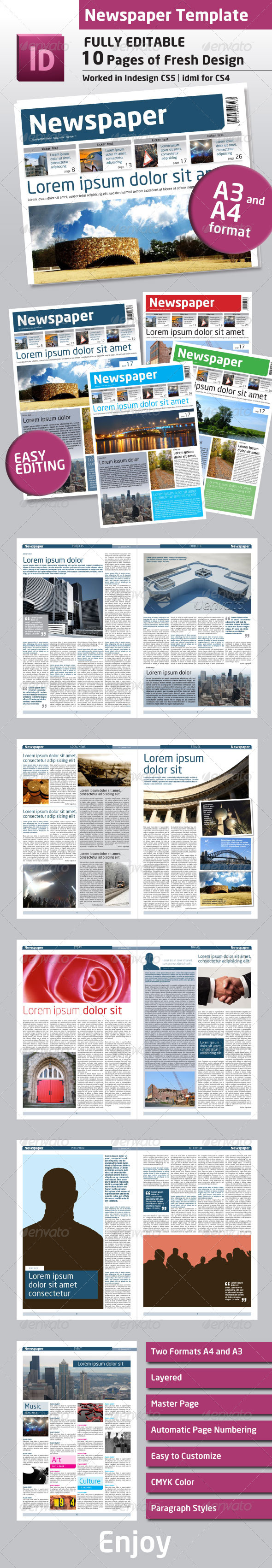 Newspaper Template A4 and A3 Format 10 Pages GraphicRiver